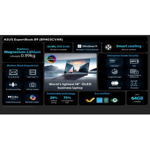 Komputer Riba ASUS ExpertBook B9 FLAGSHIP B9403CV-ARKM1439X 14" FHD I7-150U  32GB 1TB SSD Windows 11 Pro 3Y Waranty-On-Site